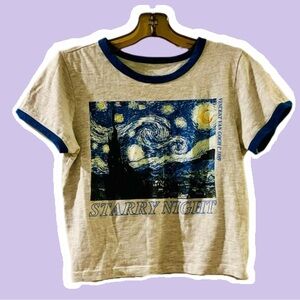 Van Gogh Starry Night Cropped T-Shirt with Blue Trim